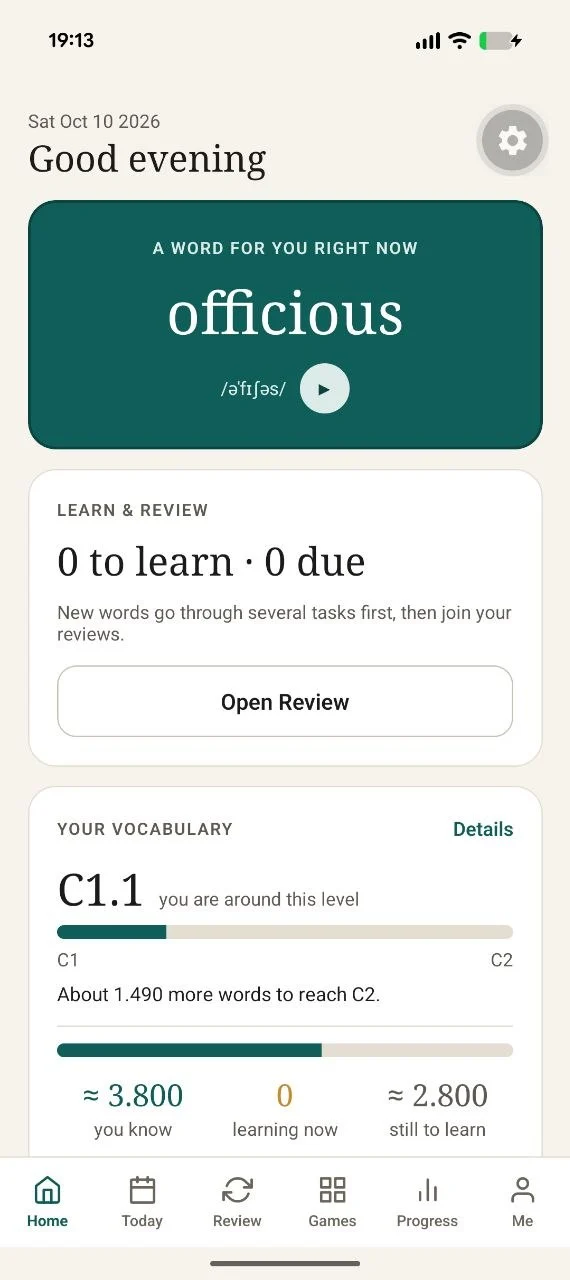 Wordsure home screen showing a recommended word and the user's C1.1 vocabulary level