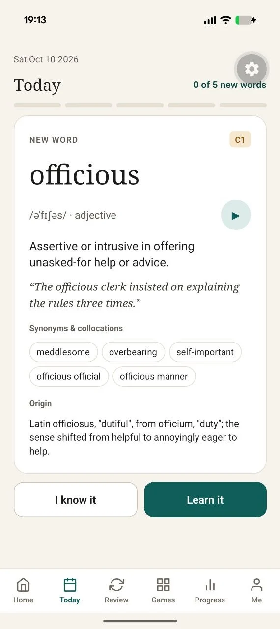 Word card for 'officious' with definition, example sentence, synonyms and origin